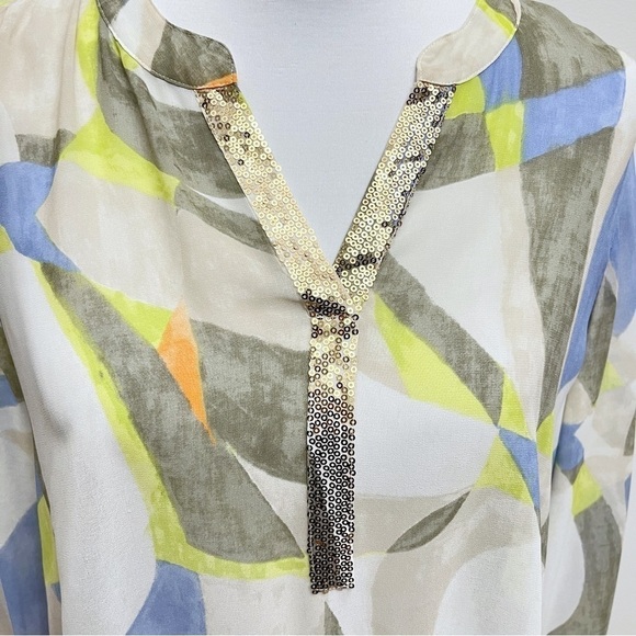 Chico’s Womens Large Geometric Print Gold Sequined Placket Front Knot Tie Blouse - Picture 2 of 9